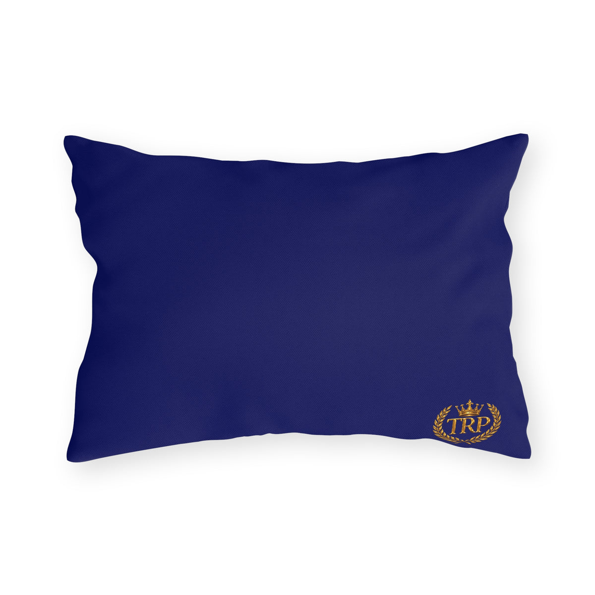 Back of the rectangular lumbar outdoor pillow in solid navy blue with a gold TRP crest emblem in the lower corner.