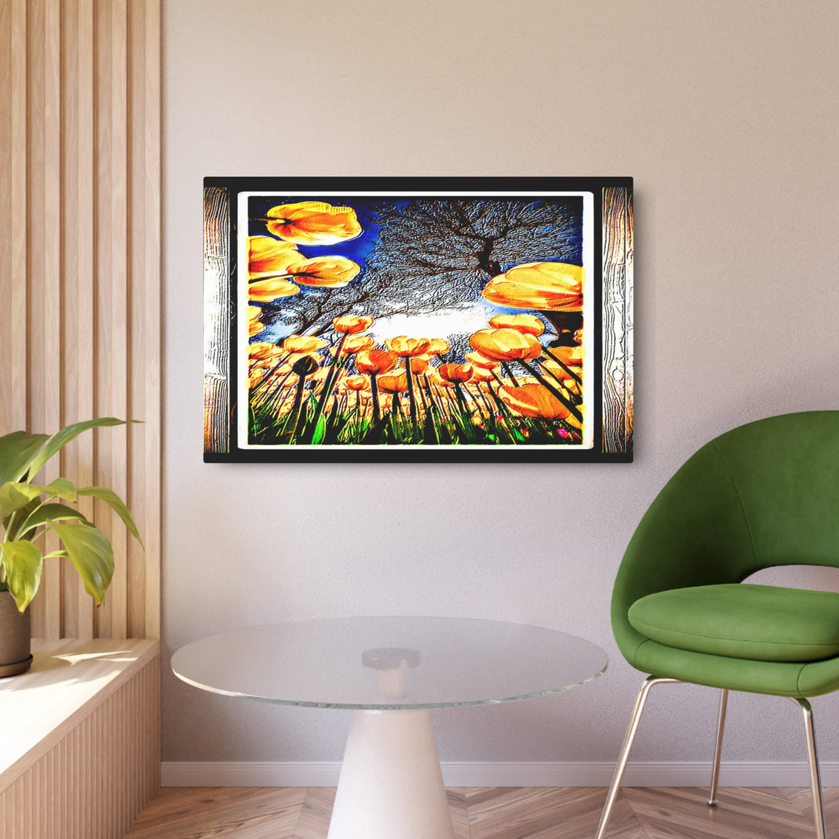 Horizontal metal art print featuring yellow tulips and winter branches hung above an accent table.