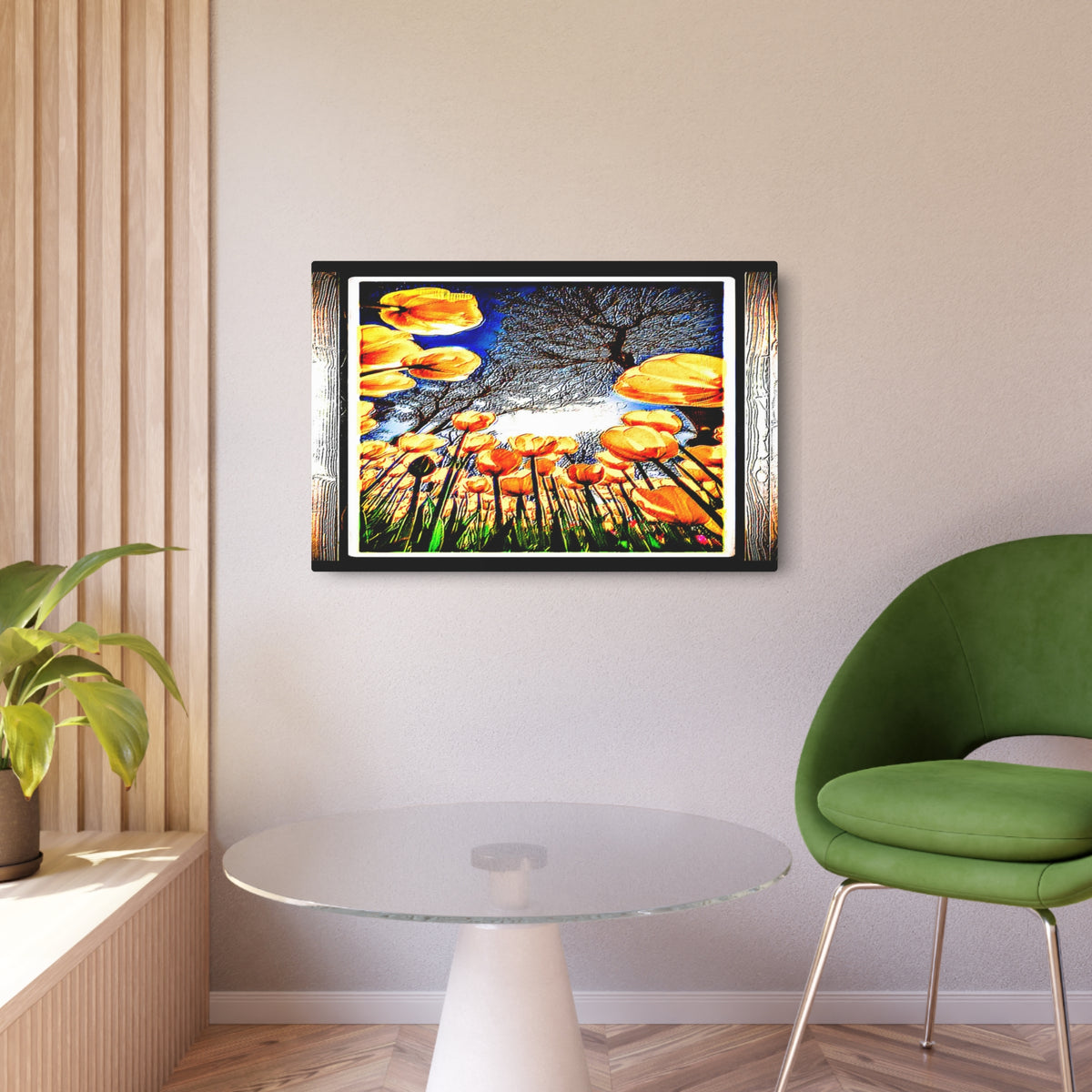 The Garden Beyond the Winter metal print displayed in a bright modern room with a round glass table and green chair.