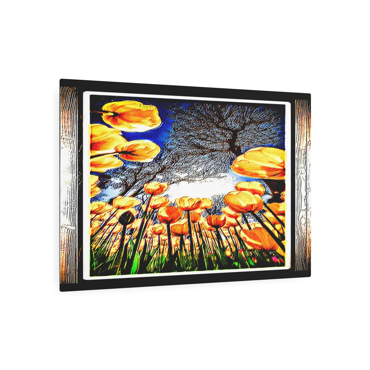 Angled perspective of the glossy aluminum wall print displaying textured gold tulips and tree branches.