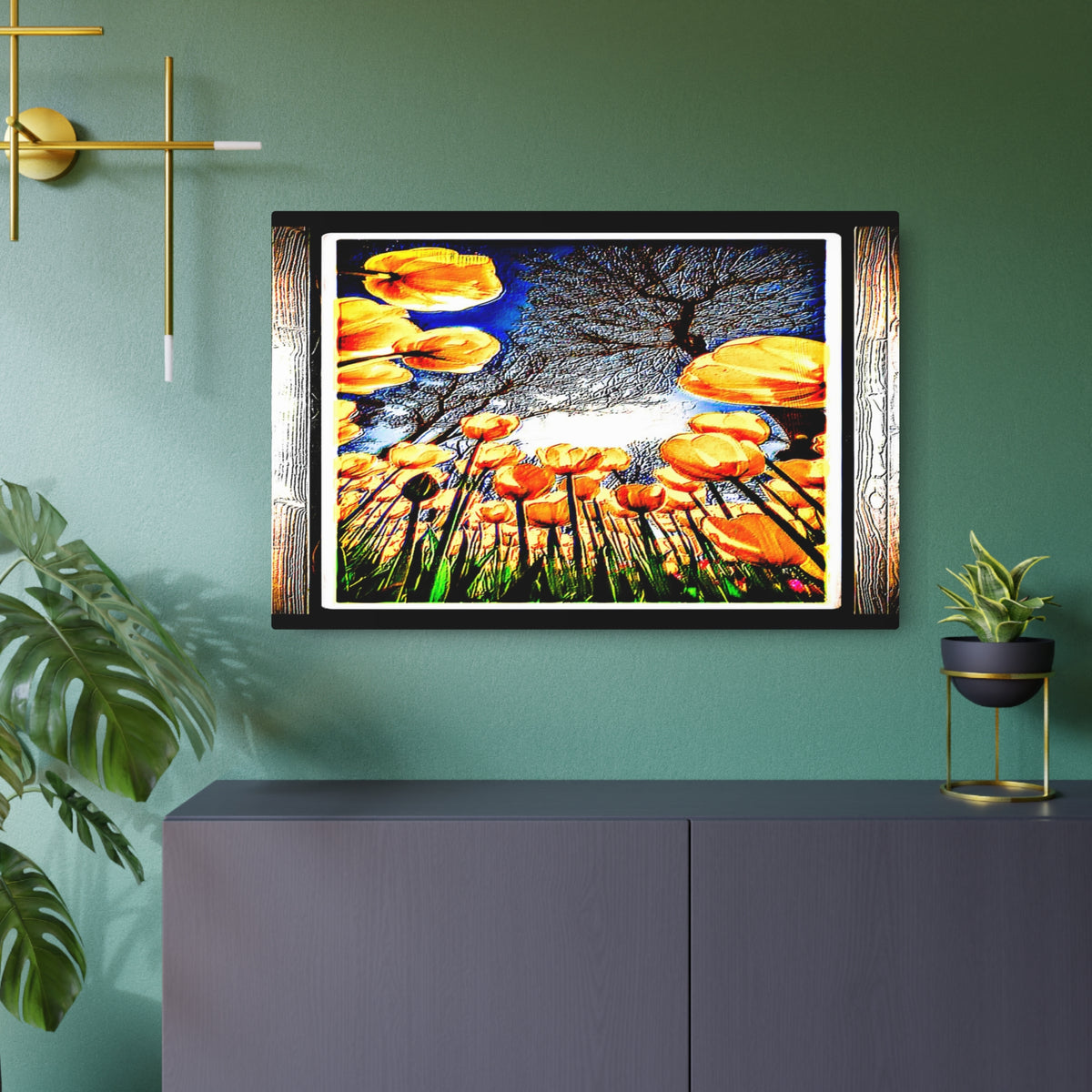 The Garden Beyond the Winter metal print showcased above a contemporary console table next to indoor plants.