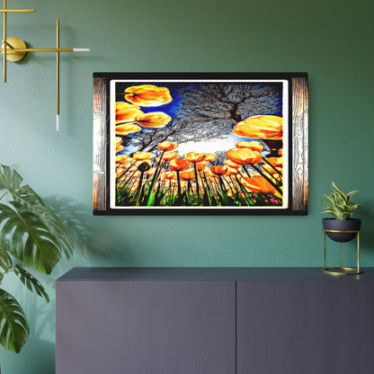 The Garden Beyond the Winter metal print showcased above a contemporary console table next to indoor plants.