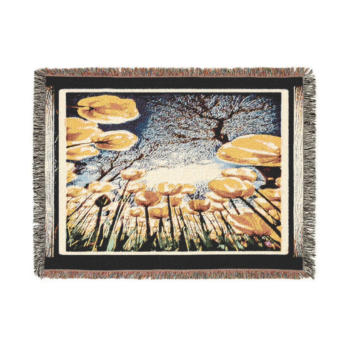 Front view flat lay of The Garden Beyond the Winter woven art throw blanket displaying a horizontal golden floral landscape.