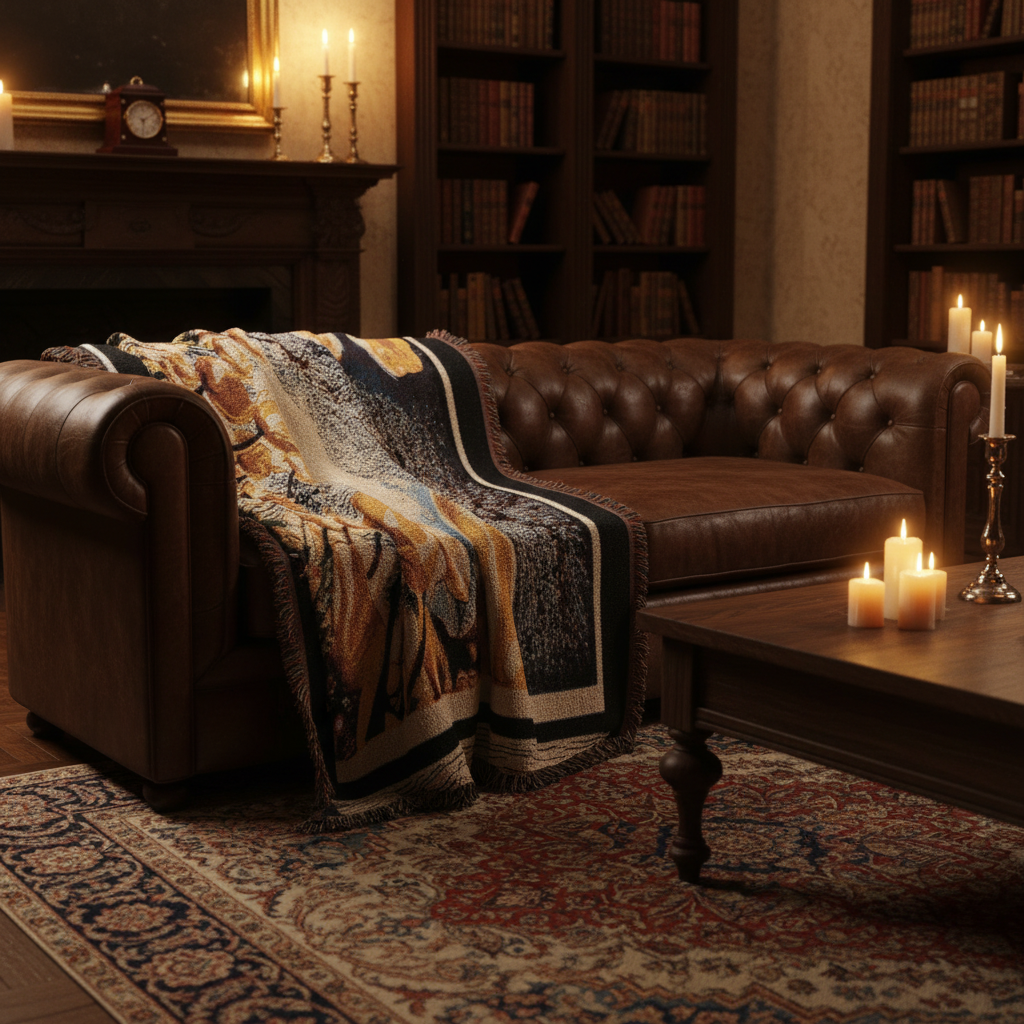 The Garden Beyond the Winter woven art throw blanket draped over a brown leather Chesterfield sofa in a warm library setting.