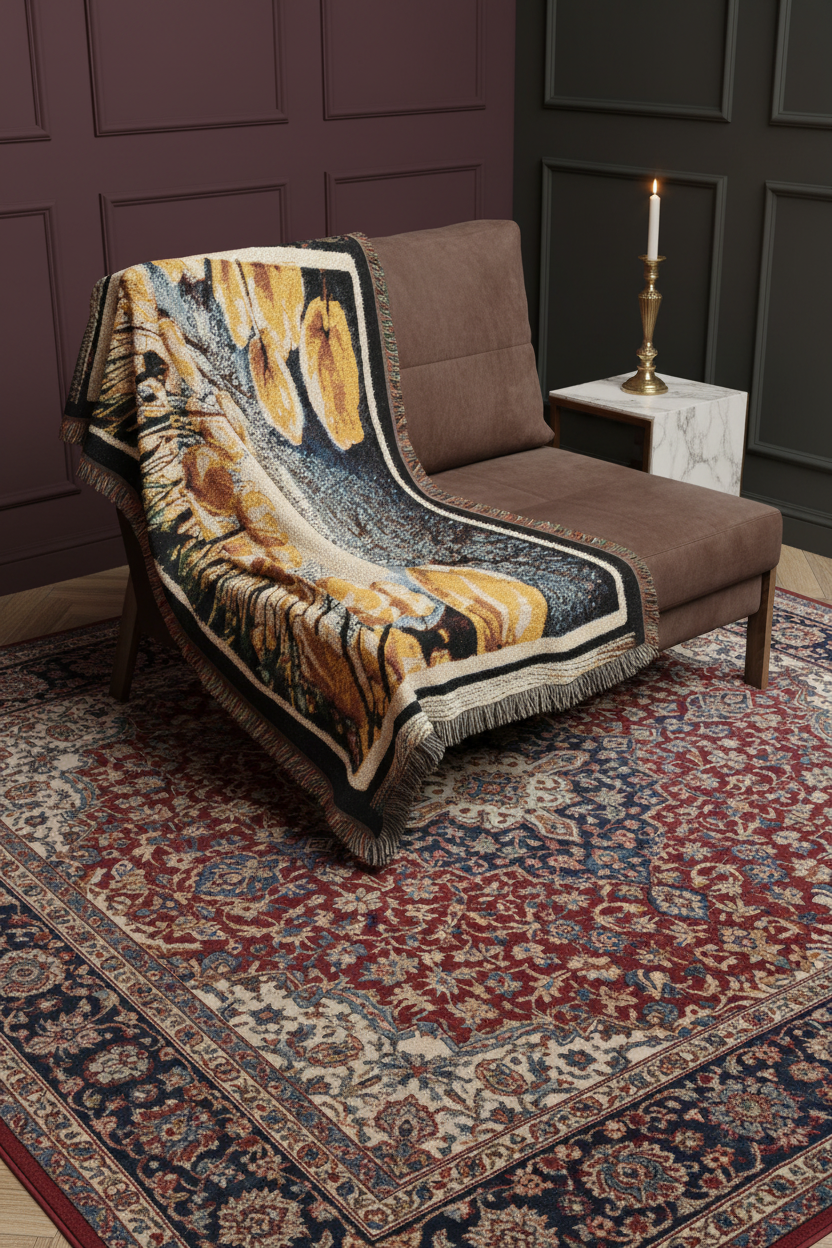 The Garden Beyond the Winter woven art throw blanket styled over a modern brown lounge chair above an ornate vintage area rug.