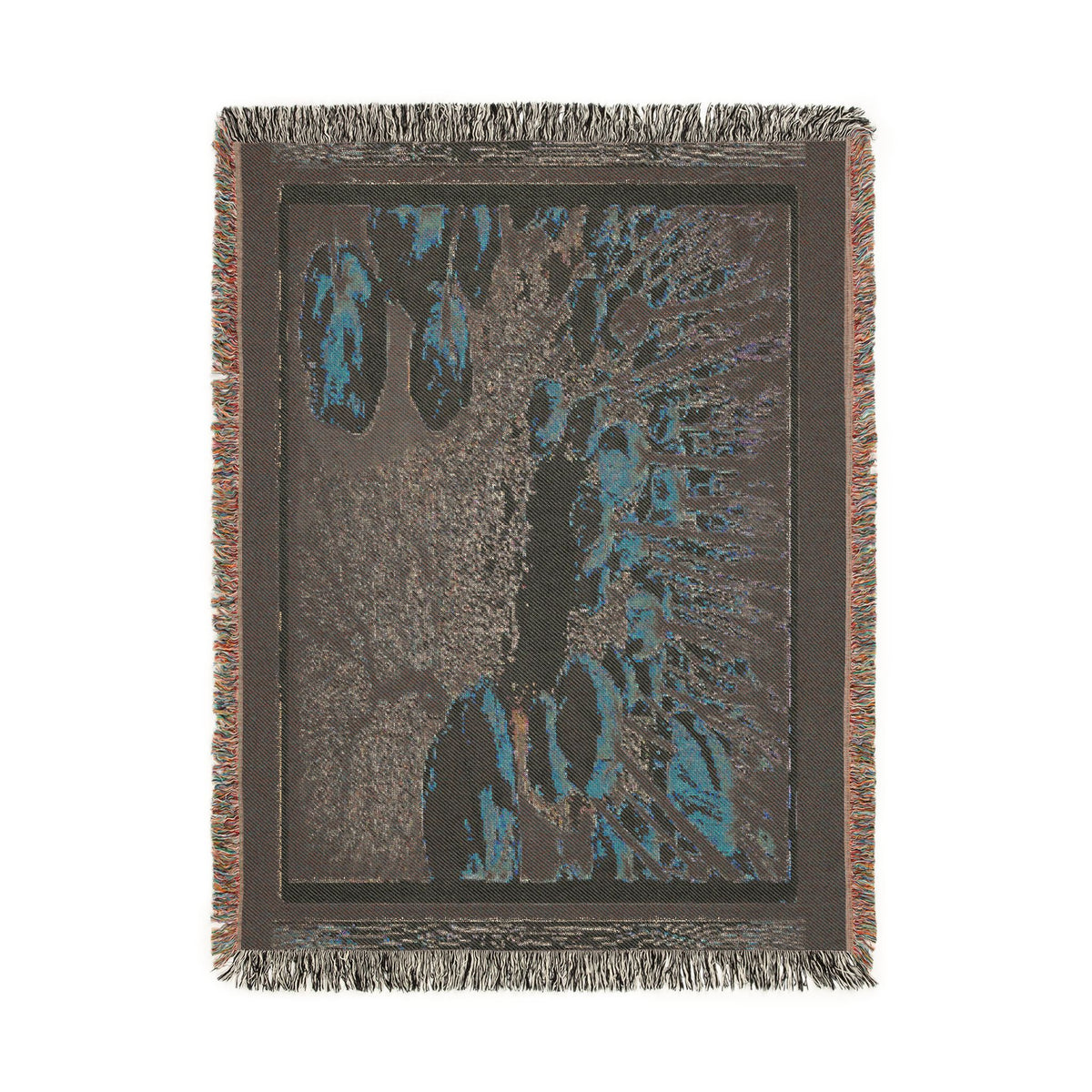 Full back side view of The Garden Beyond the Winter woven art throw blanket displaying the dark inverted jacquard weave pattern.