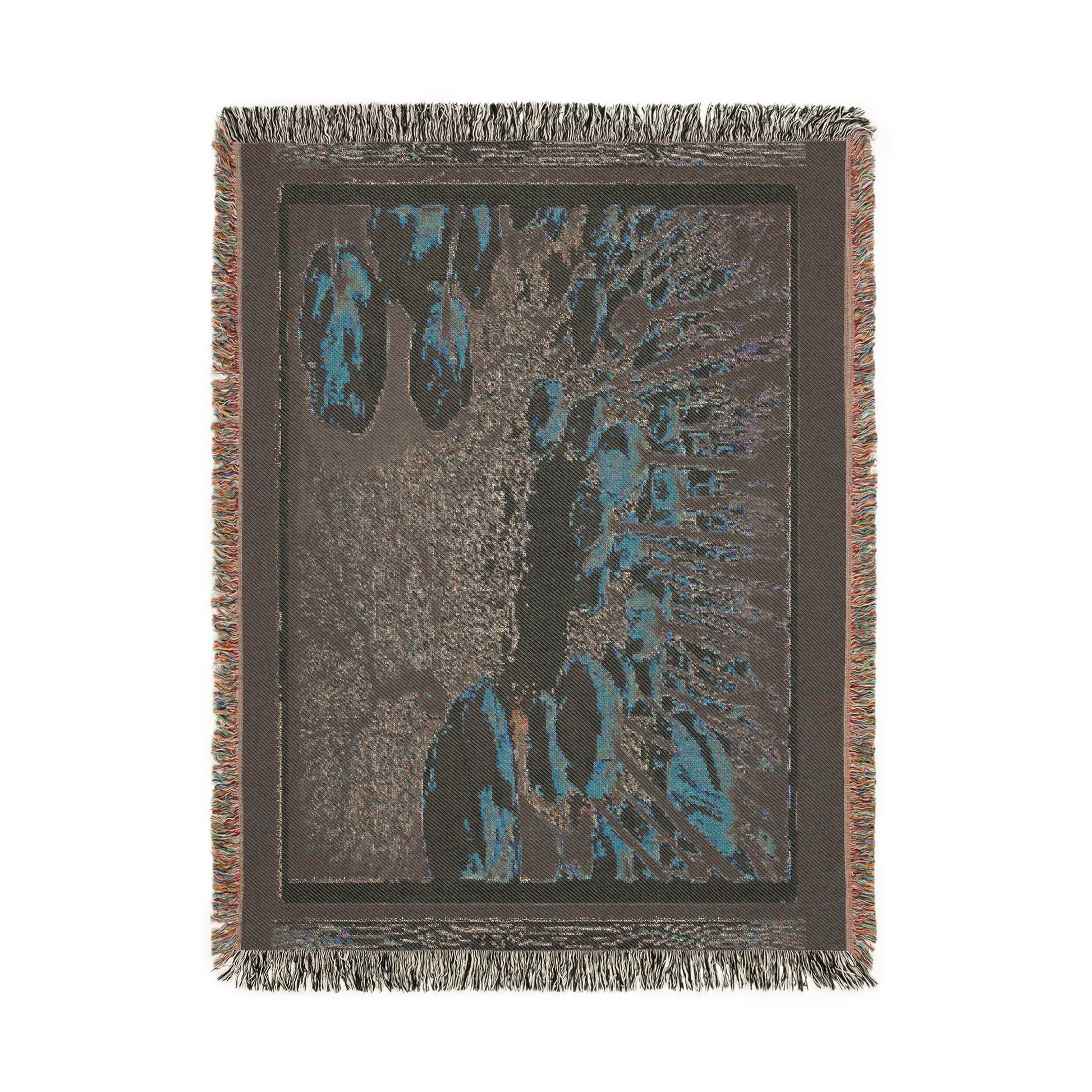 Full back side view of The Garden Beyond the Winter woven art throw blanket displaying the dark inverted jacquard weave pattern.