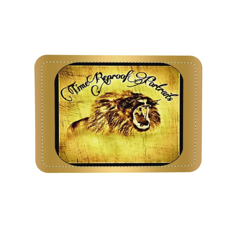 A close-up of a gold textured leather patch featuring a roaring lion illustration and the script text "Time Reproof Portraits."