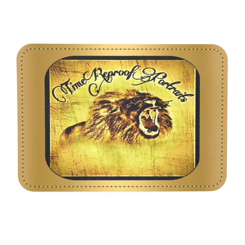 Close-up of the internal gold leather patch featuring an embossed roaring lion illustration and the stylized cursive text TimeReproof Portraits.