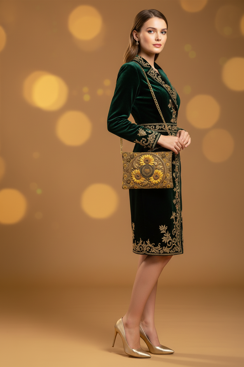 Full-length shot of a model wearing an embroidered emerald green velvet dress, holding the TRP symmetric sunflower leather crossbody bag.