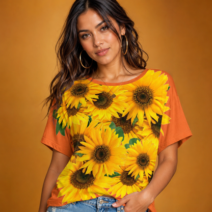 Studio portrait showing the front of the vivid red tangelo batwing sleeve t-shirt with its bold yellow sunflower graphics.