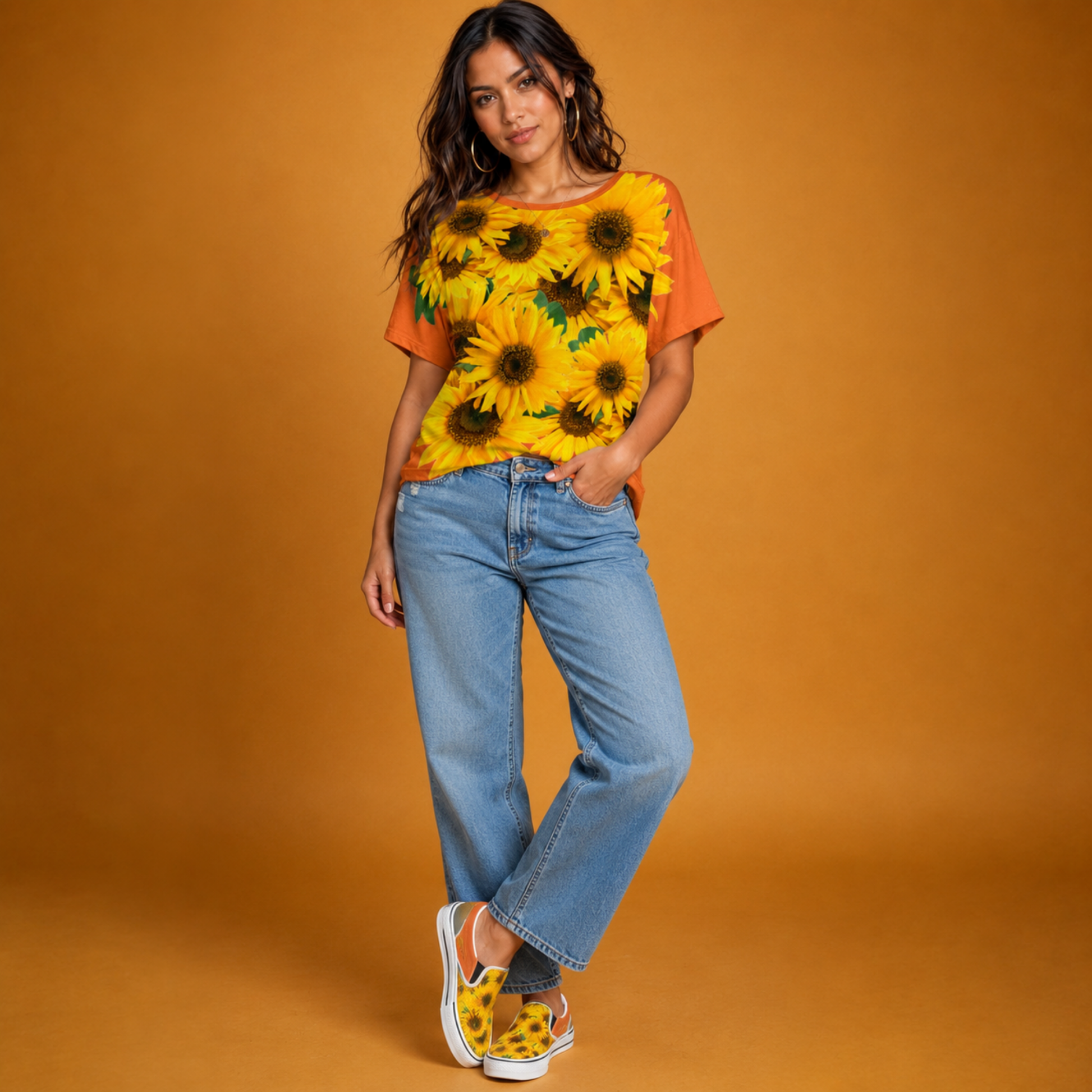 Full body shot of a woman in the vivid red tangelo sunflower t-shirt, blue jeans, and matching sunflower-patterned slip-on shoes.