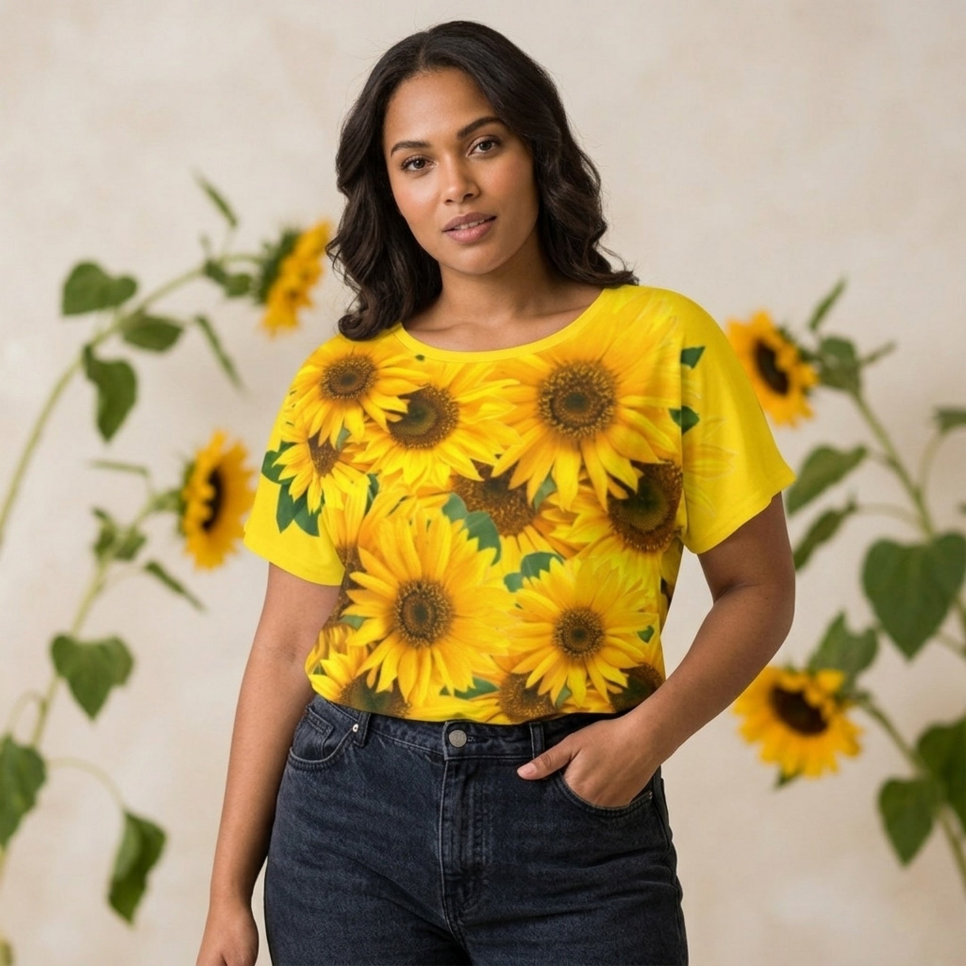 Front view of a woman wearing the cyber yellow batwing sleeve t-shirt featuring a symmetrical, all-over print of large yellow sunflowers.