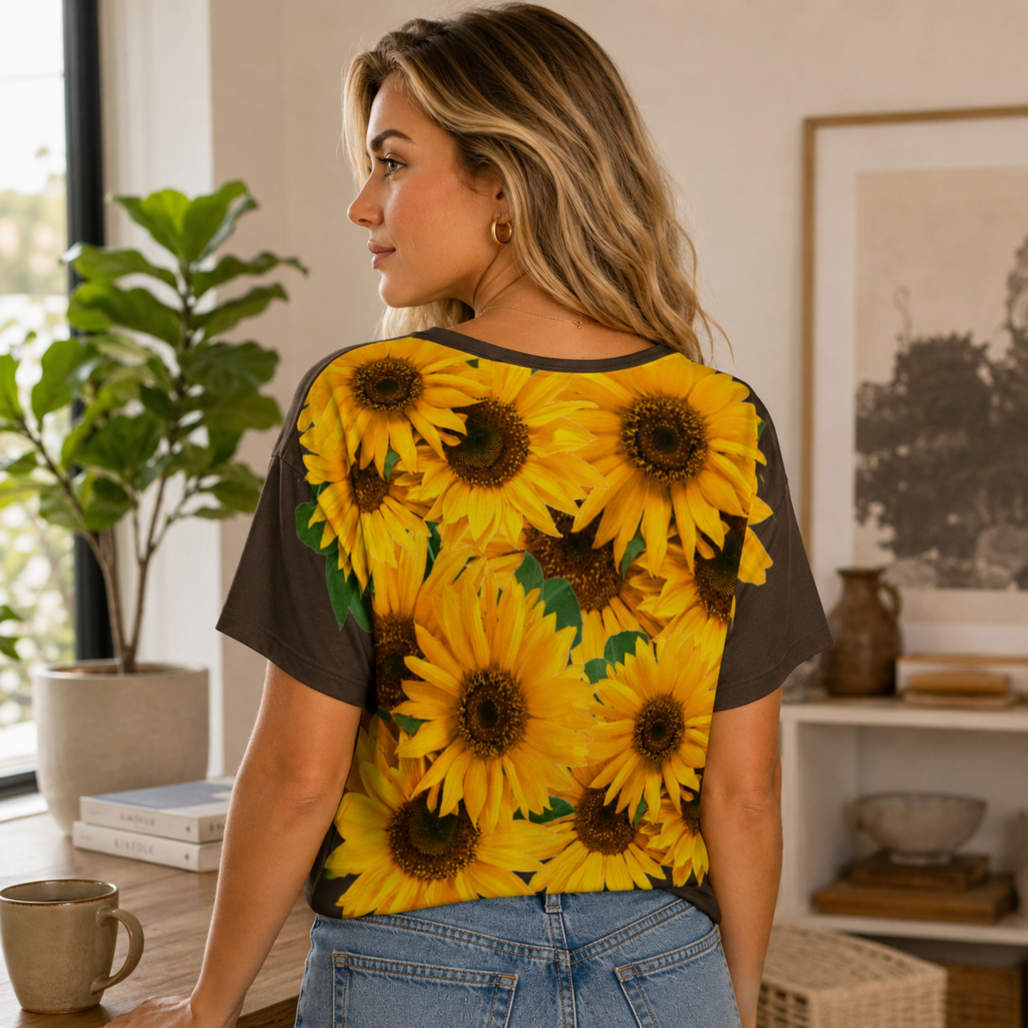 Back view of a woman showcasing the full-coverage yellow sunflower pattern on the bistre-colored batwing sleeve tee.
