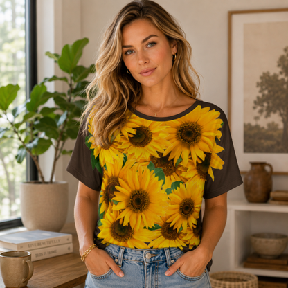 Front view of a woman wearing the bistre-colored batwing-sleeve t-shirt featuring a vibrant, symmetrical yellow sunflower print.