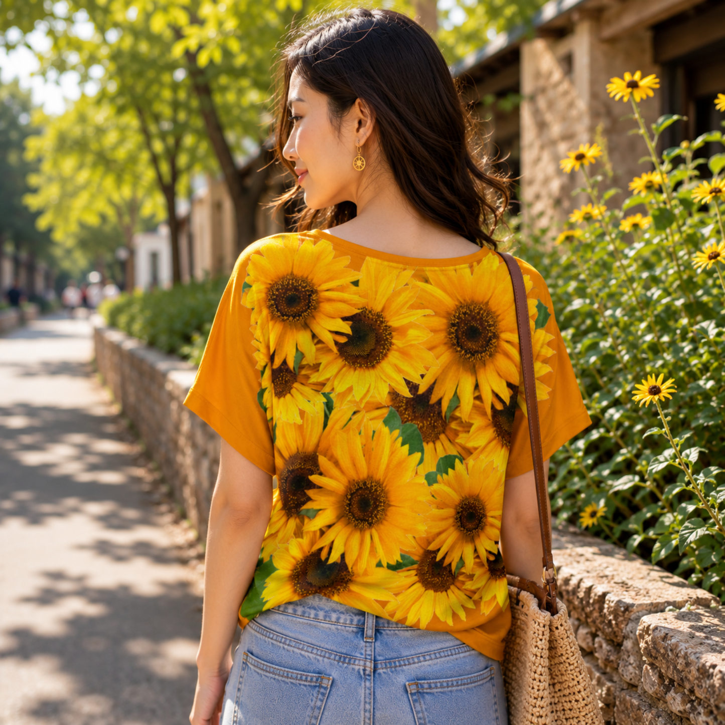 Rear view of the dark tangerine-colored batwing-sleeve t-shirt adorned with a dense, bright yellow sunflower design.