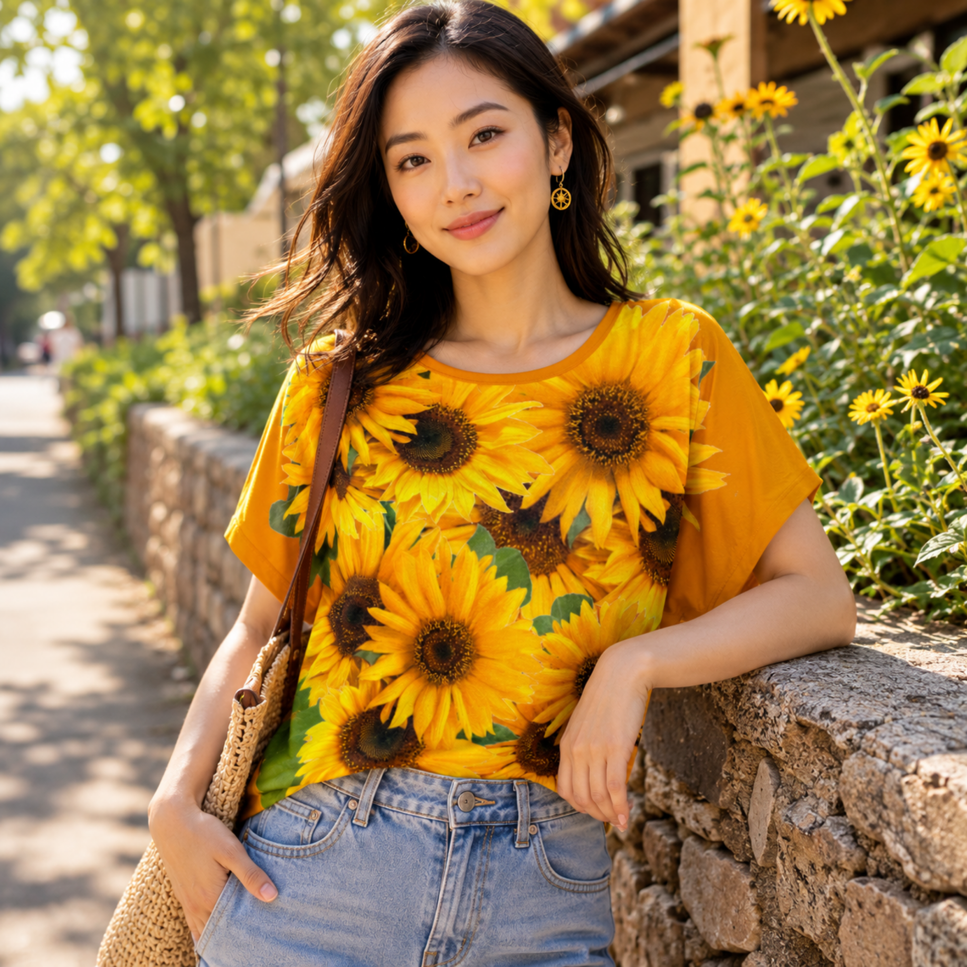 A woman outdoors is leaning on a stone wall, wearing the dark tangerine variant of the sunflower print batwing sleeve t-shirt.