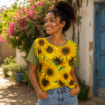 Front view of a smiling woman standing outdoors in the old moss green batwing sleeve shirt featuring a vibrant yellow sunflower print.