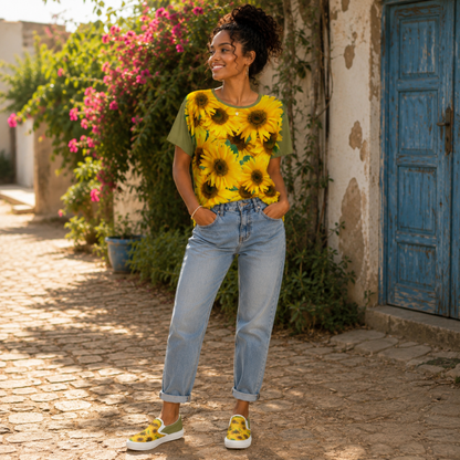 Full-body view of a woman in the old moss green sunflower tee, cuffed blue jeans, and matching old moss green sunflower slip-on shoes.