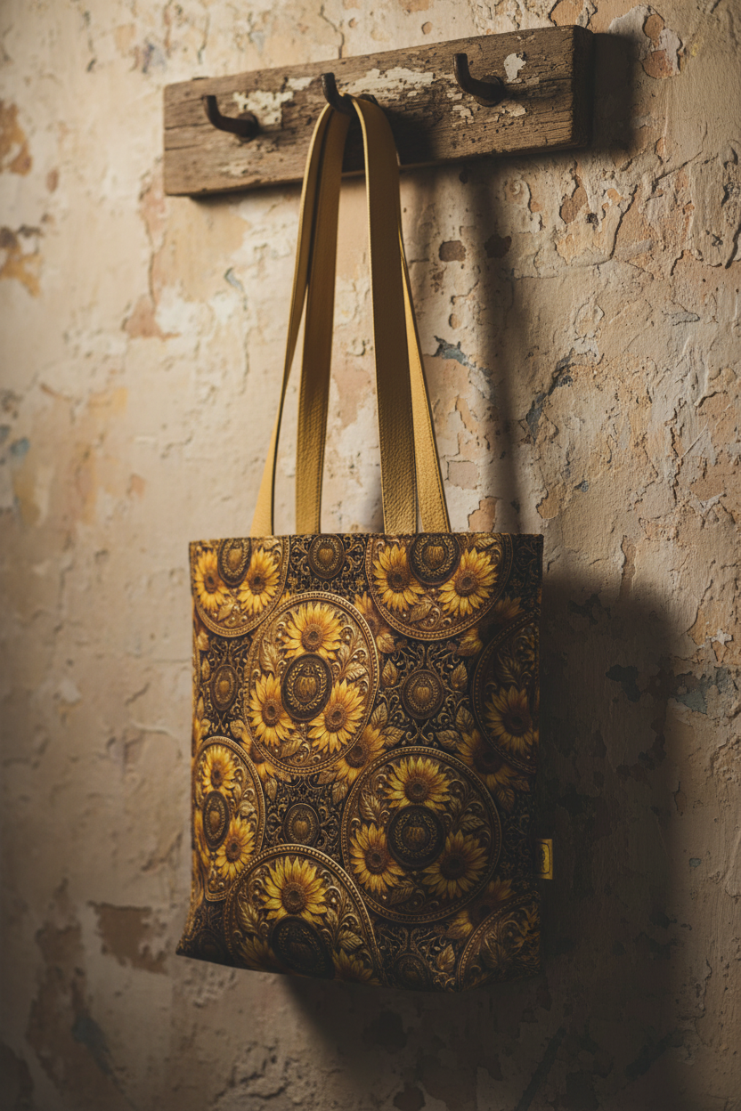 TRP Floral Prints sunflower symmetry everyday tote bag hanging on a rustic wooden wall peg.