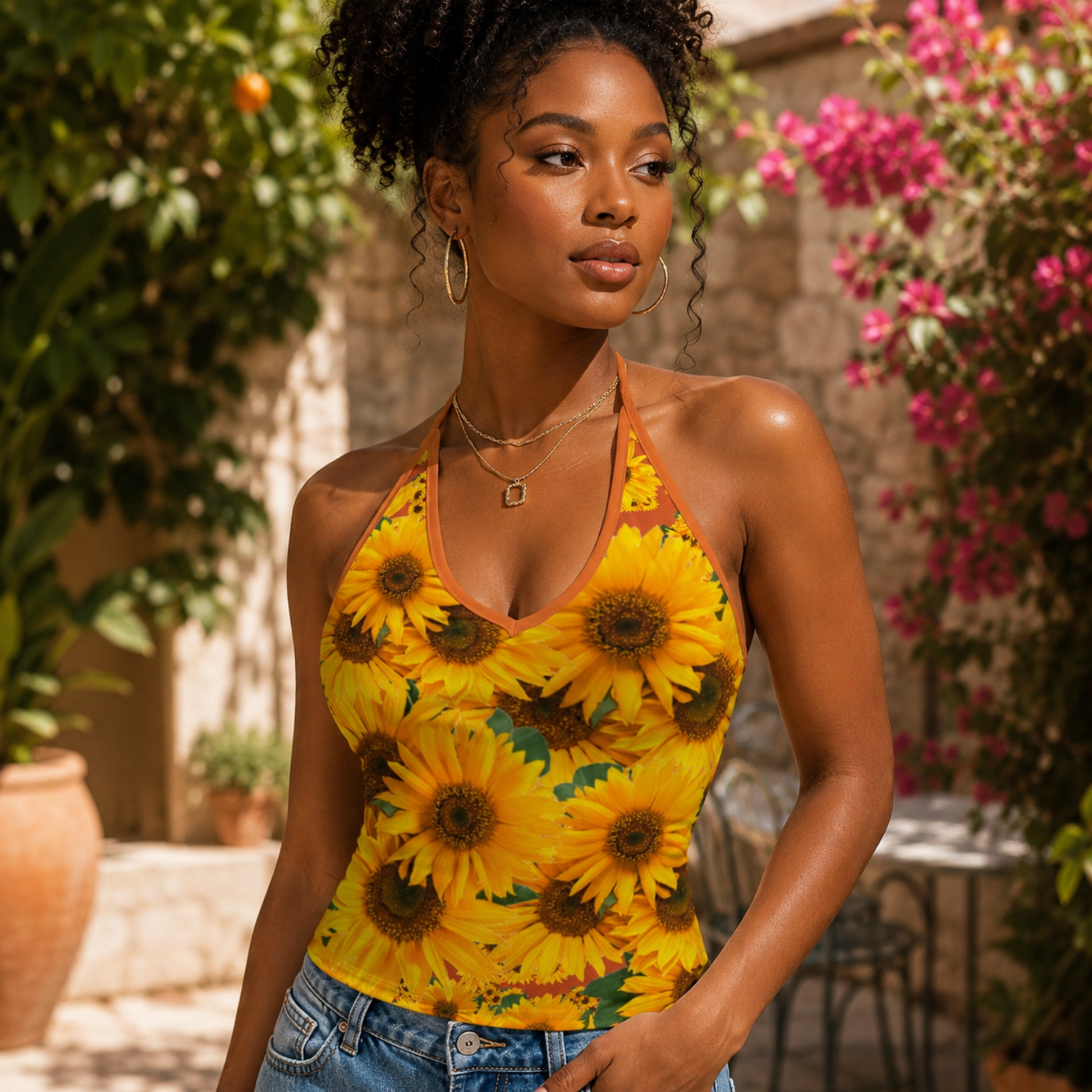 Front view of a woman wearing a sunflower print V-neck halter top with vivid red tangelo (orange-colored) trim and blue jeans in a sunny courtyard.