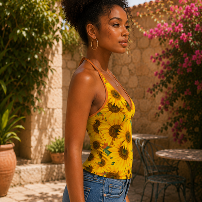 A right-side profile view of a woman showcasing the fit of the sunflower print halter top with vivid red tangelo (orange-colored) trim.