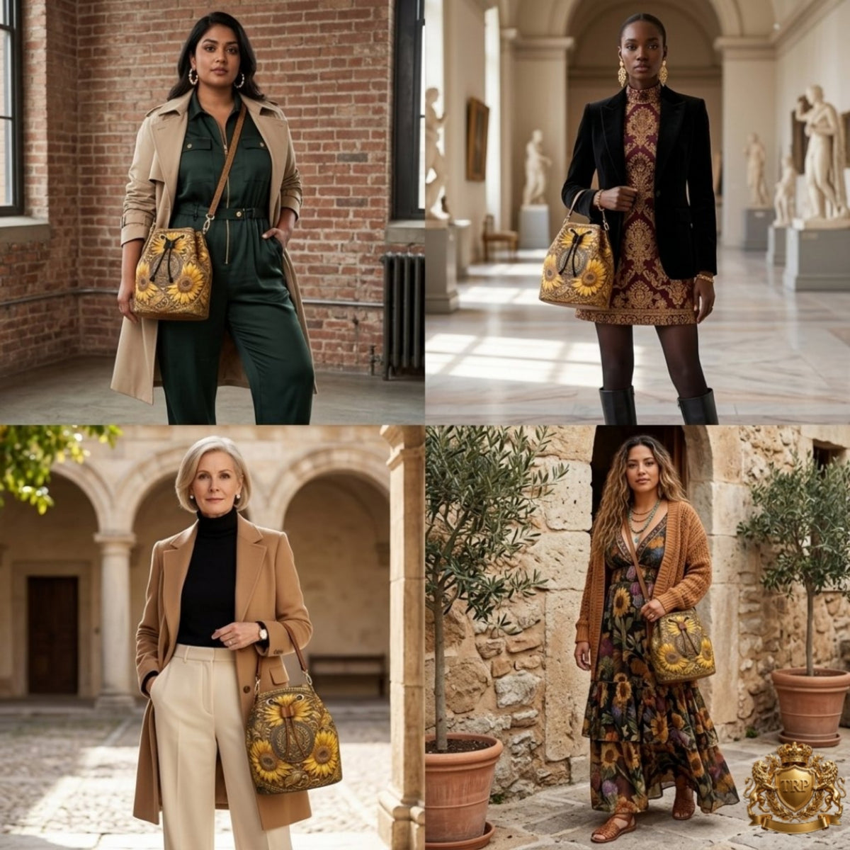 Four-panel collage of models styling the TRP Golden Dominion sunflower bucket bag in bubble nappa leather across elegant settings