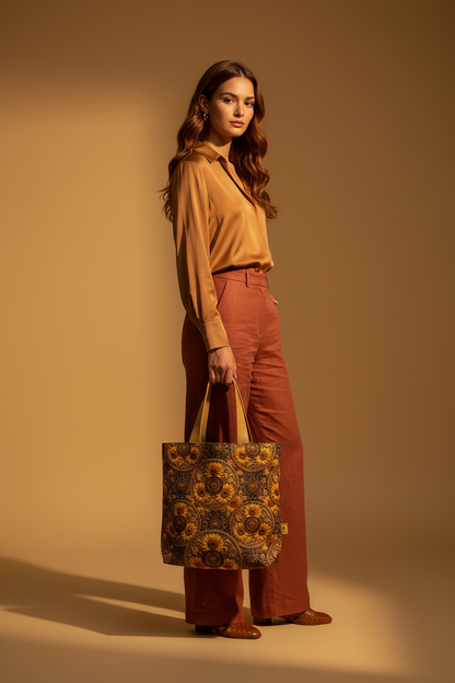 A fashion model posing in a studio holding the TRP Sunflowers in Symmetry cotton panama everyday tote bag.