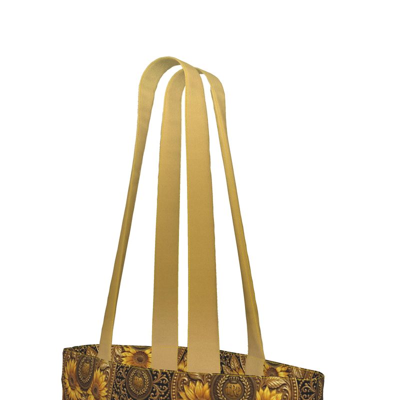 Close-up detail of the durable yellow shoulder straps on the TRP Sunflowers in Symmetry everyday tote bag.
