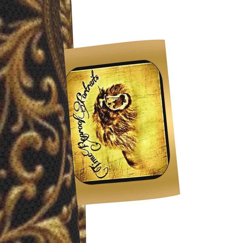 Close-up of the Timeproof Portraits fabric brand tag with a lion logo on the sunflower tote bag.