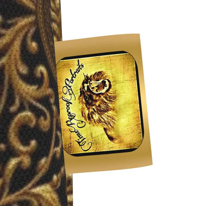 Close-up of the Timeproof Portraits fabric brand tag with a lion logo on the sunflower tote bag.