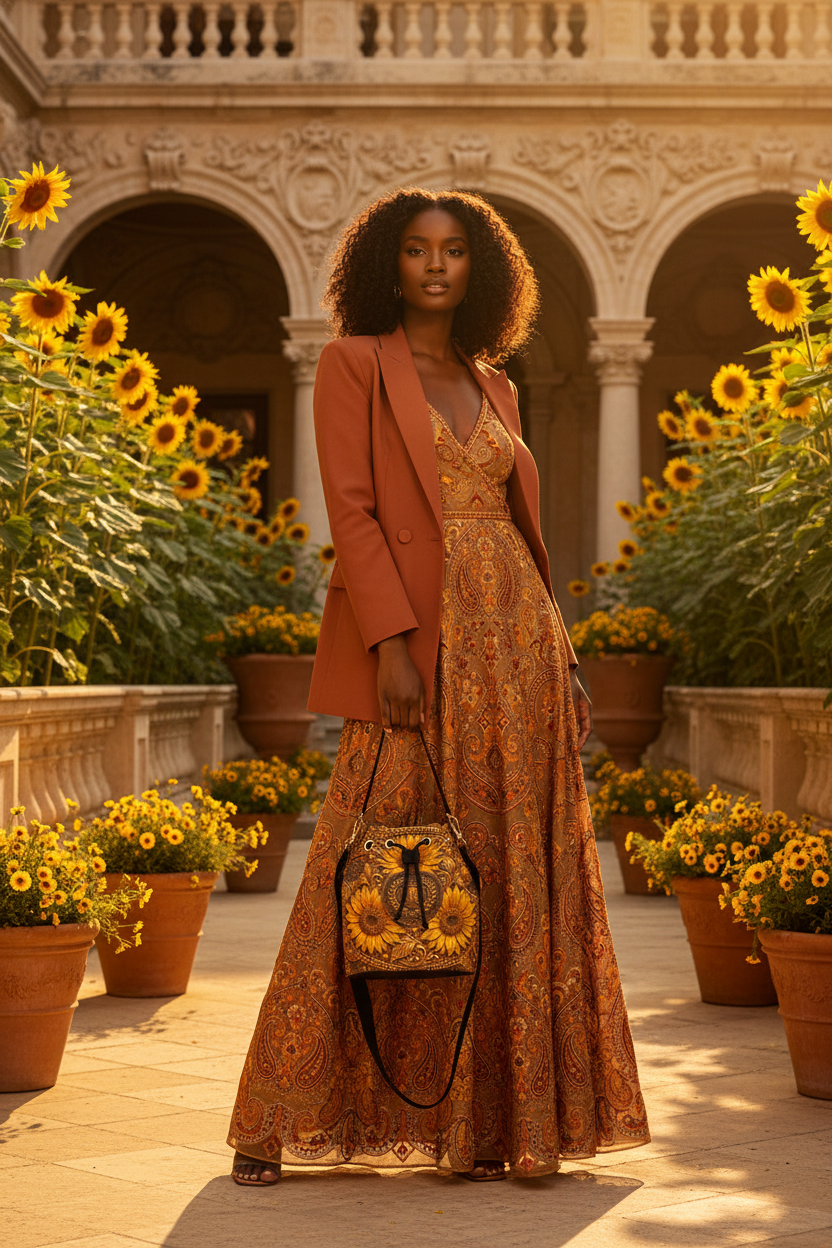 Model in an orange blazer and paisley maxi dress holding the TRP Imperial Repeat sunflower-print leather bucket bag in a classic courtyard.