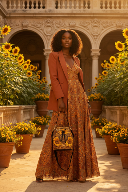 Model in an orange blazer and paisley maxi dress holding the TRP Imperial Repeat sunflower-print leather bucket bag in a classic courtyard.