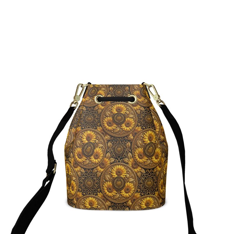 Back view of the TRP leather bucket bag showcasing the intricate Imperial Repeat sunflower pattern with black shoulder straps.