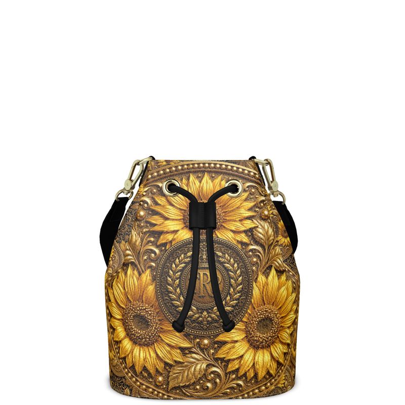 Front view of the TRP sunflower bucket bag in bubble nappa leather featuring a symmetrical gold high-relief sunflower print and TRP medallion in the center on a white background.