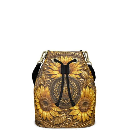 Front view of the TRP sunflower bucket bag in bubble nappa leather featuring a symmetrical gold high-relief sunflower print and TRP medallion in the center on a white background.