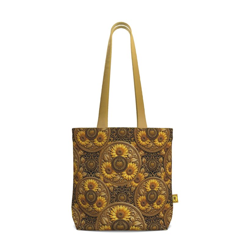 Front view of the TRP Floral Prints Sunflowers in Symmetry Imperial Repeat everyday tote bag on a white background.