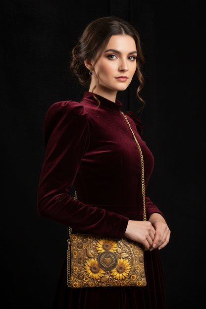 Side view of a model in a high-neck burgundy velvet dress holding the textured Nappa leather sunflower crossbody clutch bag with a gold chain.