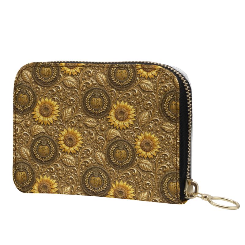 Back view of the small leather zip wallet showing the continuous textured gold sunflower and TRP crest micro-repeat pattern.