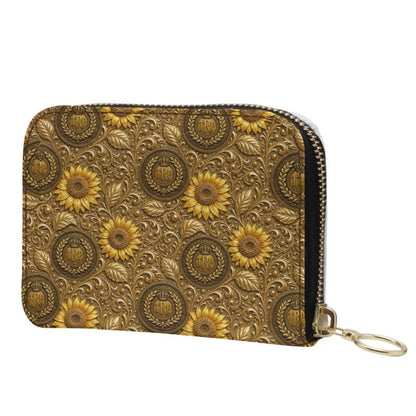 Back view of the small leather zip wallet showing the continuous textured gold sunflower and TRP crest micro-repeat pattern.