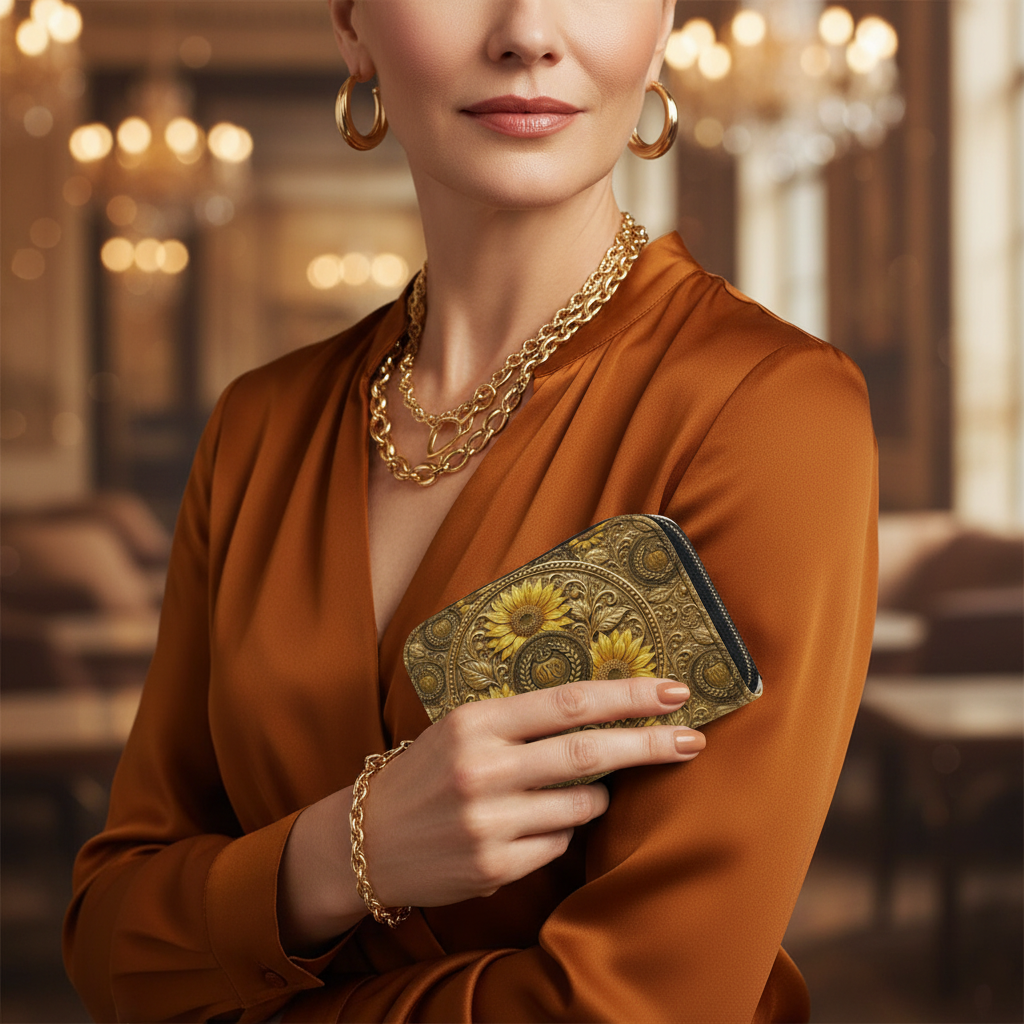A woman in an elegant copper silk blouse holding the TRP Sunflowers in Symmetry small textured Nappa leather zip wallet.