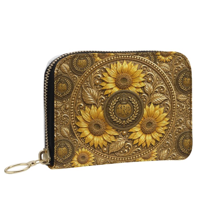 Front view of the small Nappa leather zip wallet featuring the gold TRP Sunflowers in Symmetry embossed micro-repeat floral print.