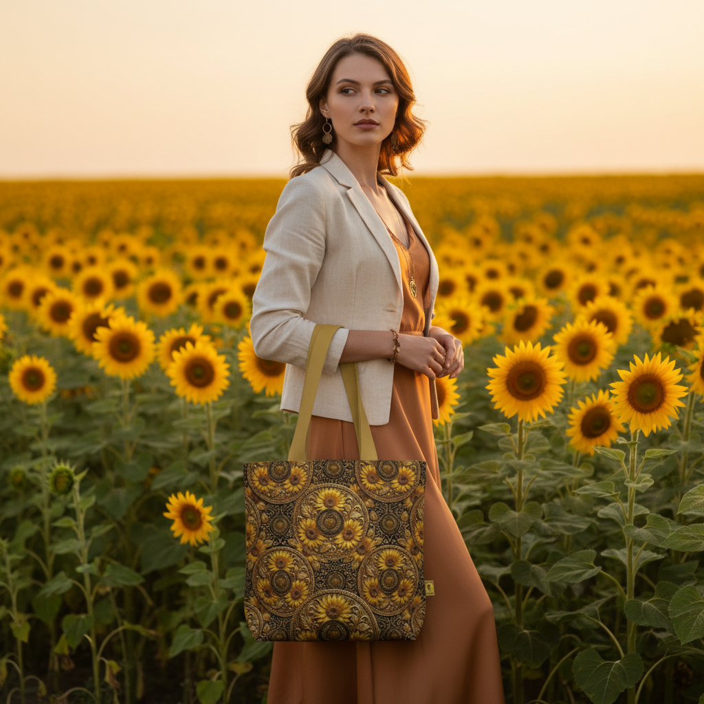A woman holding the TRP Sunflowers in Symmetry everyday tote bag standing in a blooming sunflower field.