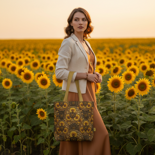 A woman holding the TRP Sunflowers in Symmetry everyday tote bag standing in a blooming sunflower field.