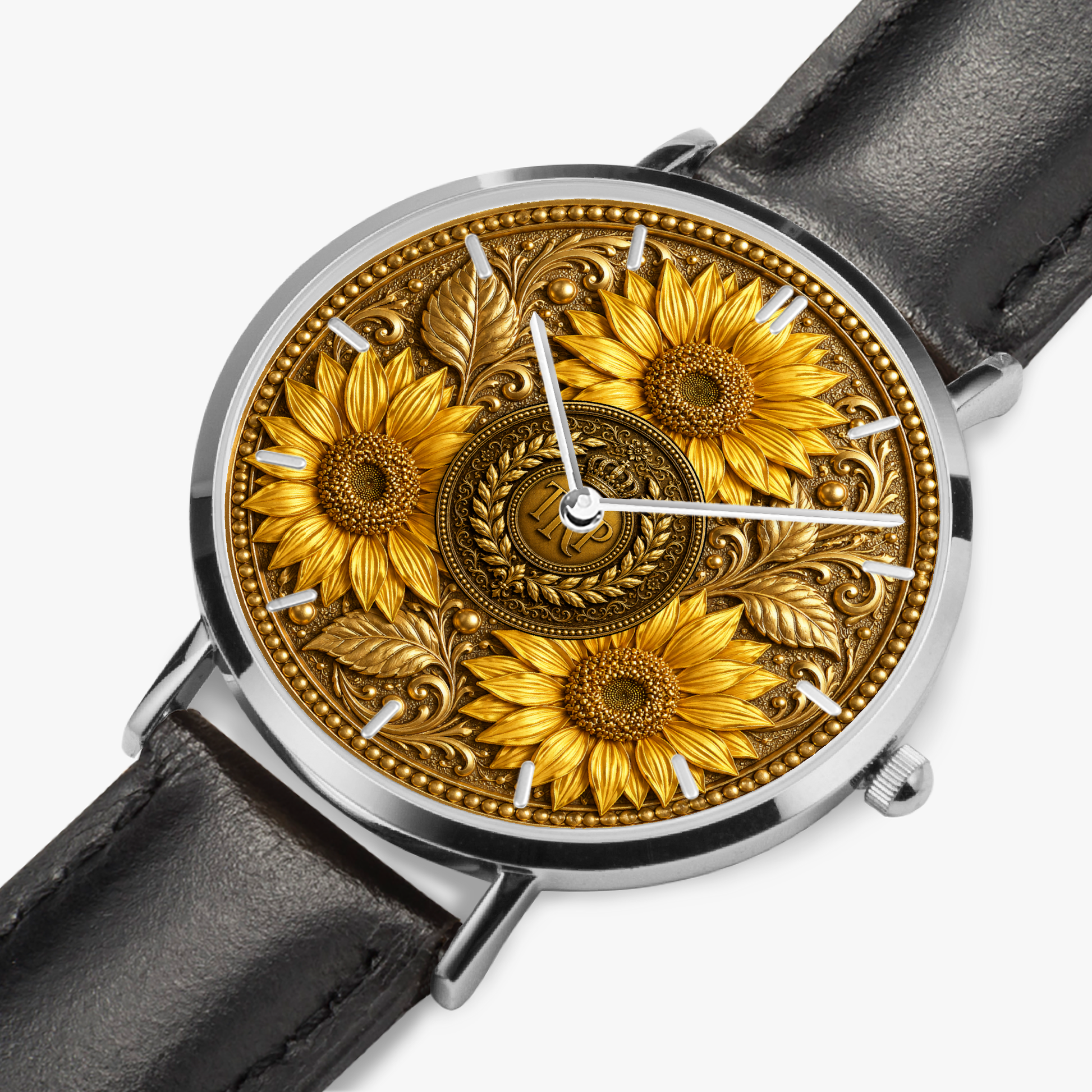 Detailed close-up of the silver-cased TRP Sunflowers in Symmetry watch with a black leather strap on a white background.