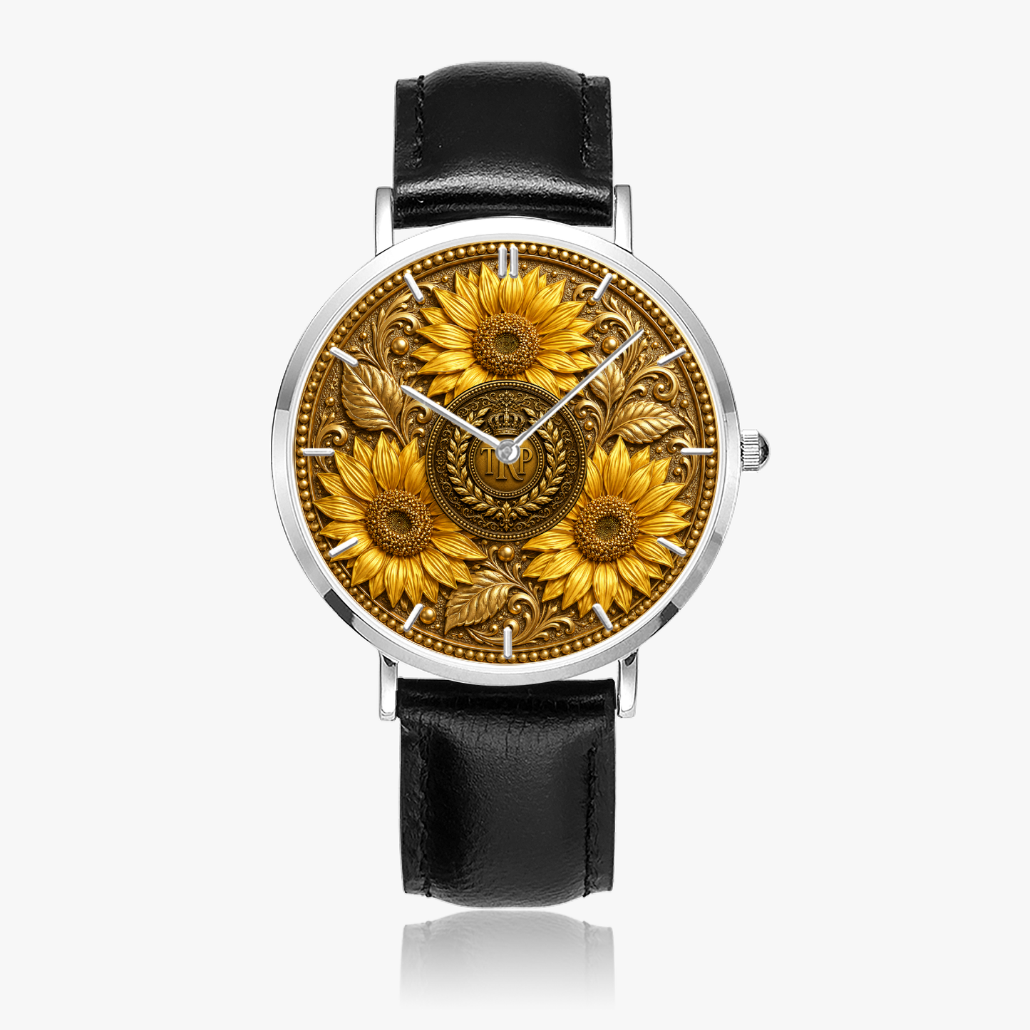 Front view of the TRP Sunflowers in Symmetry watch showcasing the detailed golden sunflower face and black leather band.