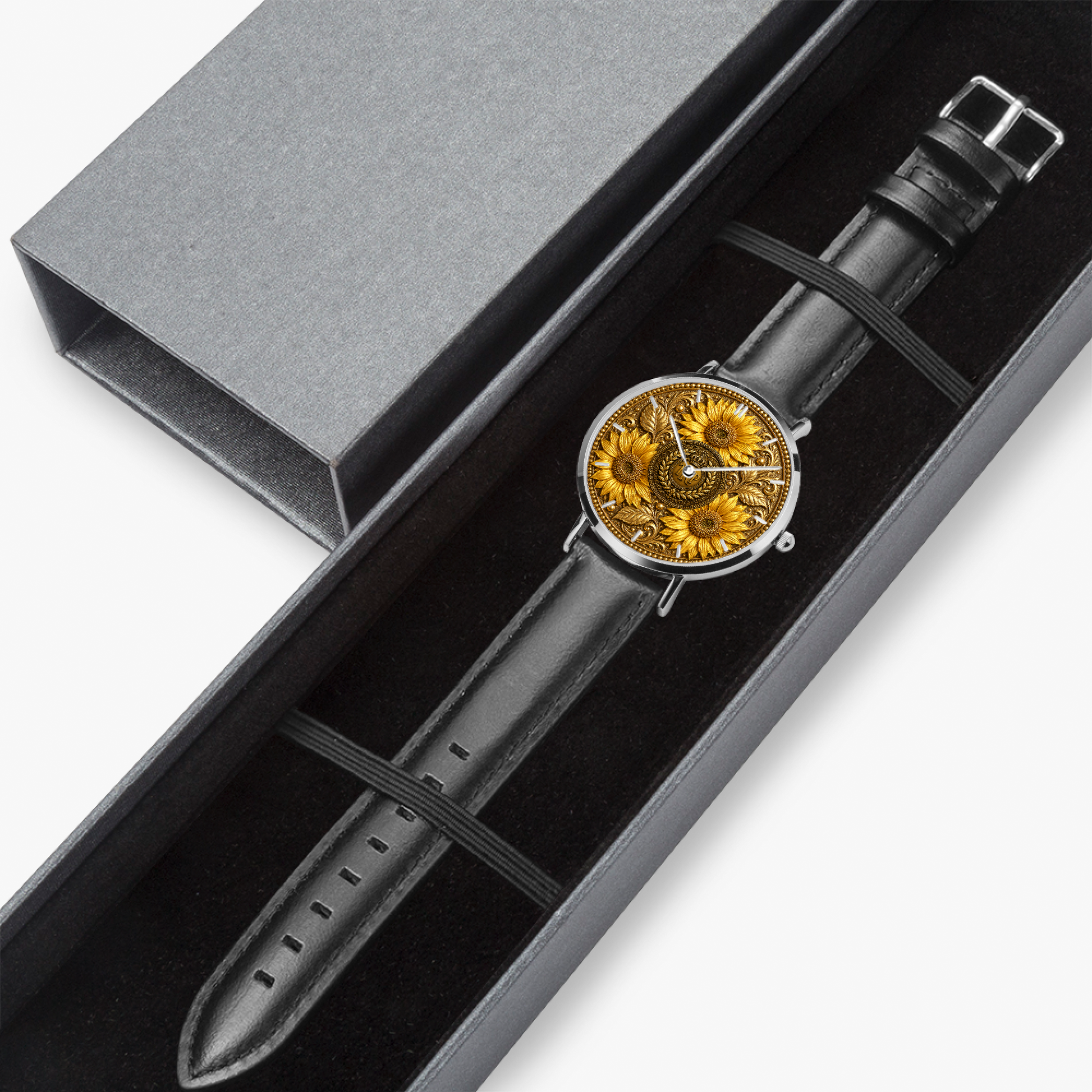Elegant black leather strap TRP Sunflowers in Symmetry watch secure inside its open dark gray presentation box.
