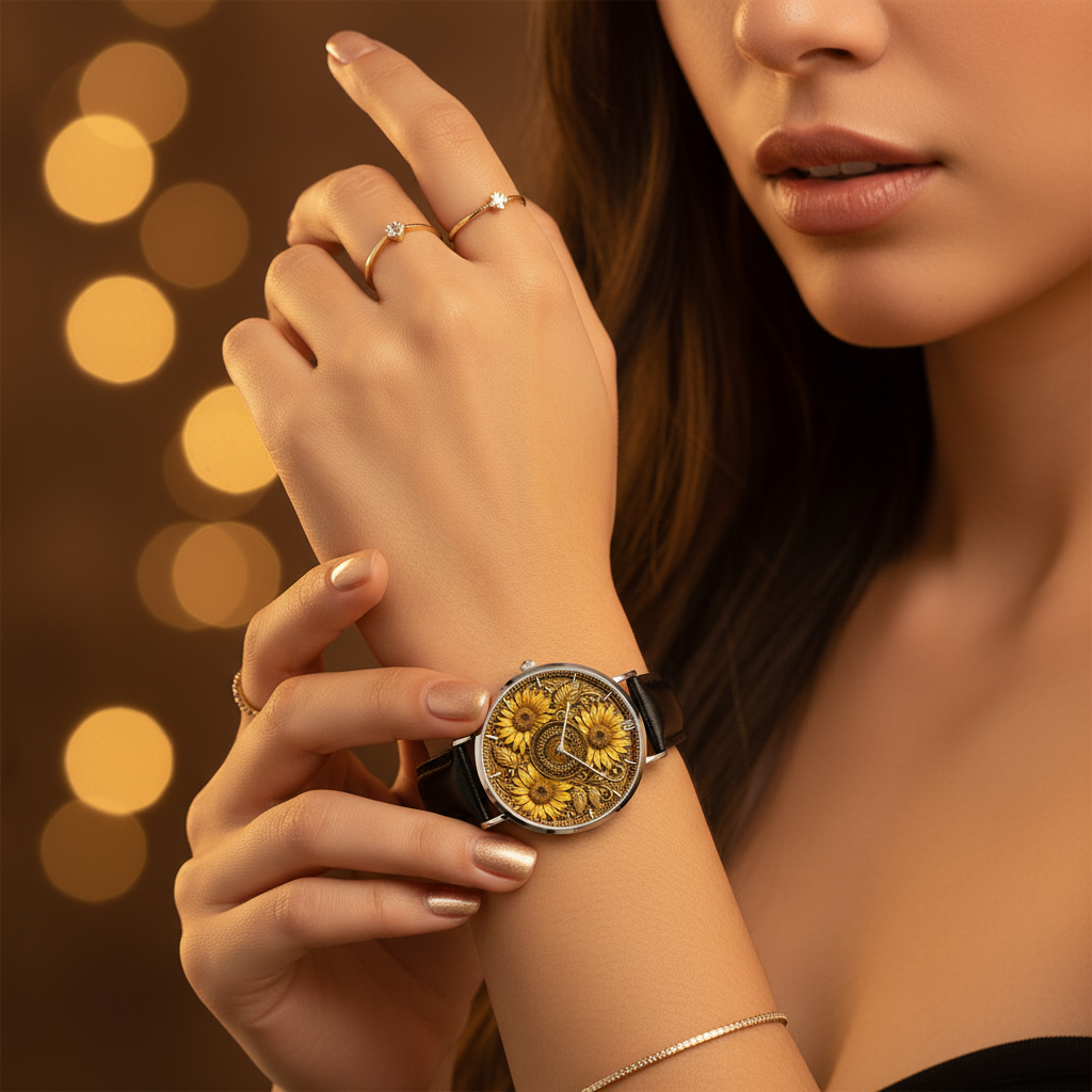 A woman wearing the TRP Sunflowers in Symmetry wristwatch with a black leather strap against a warm bokeh background.