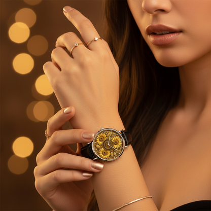 A woman wearing the TRP Sunflowers in Symmetry wristwatch with a black leather strap against a warm bokeh background.