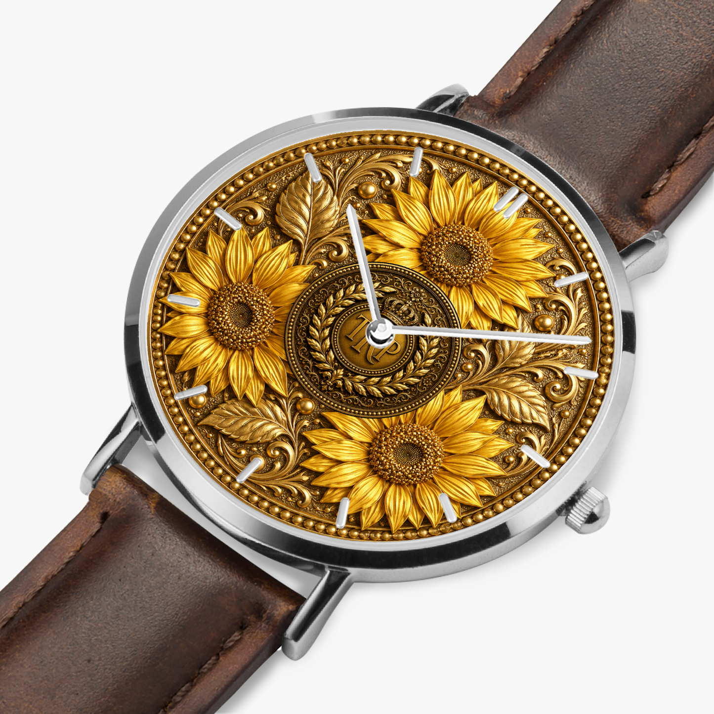 Close-up view of the TRP Sunflowers in Symmetry watch with an embossed gold sunflower dial and brown leather strap.